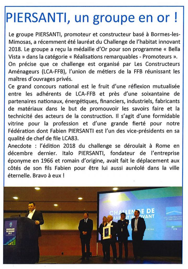 La Fédération du BTP félicite le Groupe Piersanti
